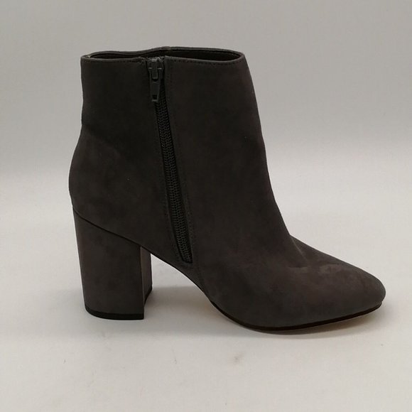 Express Womens Side Zip Ankle Boots Gray Faux Suede Block Heel Almond Toe 6 - Picture 2 of 9